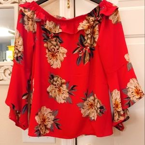 Jodifl Wide Elastic Neck Floral Flowy Top Blouse Red Women's Sz Small EUC